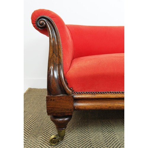 217 - SOFA, Victorian rosewood, circa 1840, in vermilion fabric on brass castors stamped I, W. Lewty's Pat... 