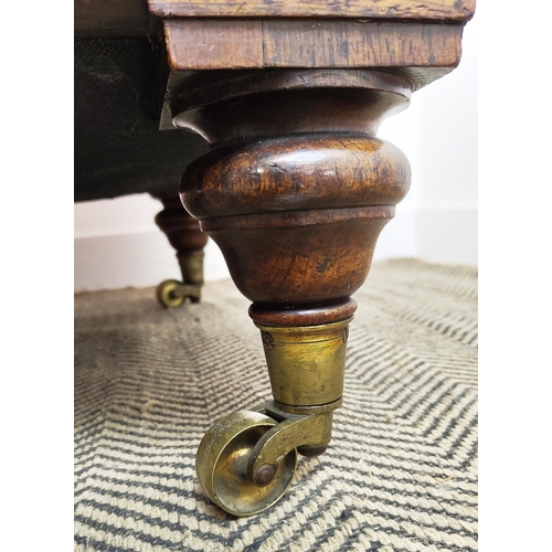 217 - SOFA, Victorian rosewood, circa 1840, in vermilion fabric on brass castors stamped I, W. Lewty's Pat... 