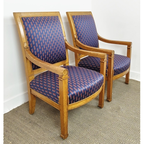 218 - OPEN ARMCHAIRS, a pair, 19th century continental beechwood, with carved show frame and geometric fab... 