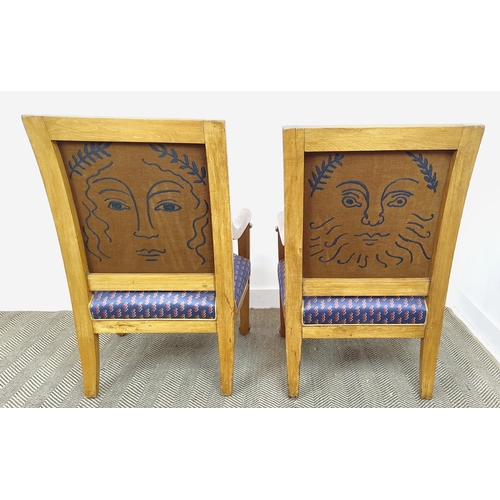 218 - OPEN ARMCHAIRS, a pair, 19th century continental beechwood, with carved show frame and geometric fab... 