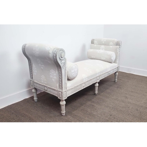 229 - DAYBED, Gustavian design painted frame with striped and patterned upholstery, 80cm H x 158cm W x 60c... 