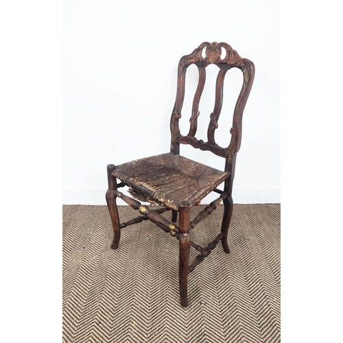 233 - DINING CHAIRS, a set of four, 19th century Italian walnut and gilt heightened, with carved show fram... 