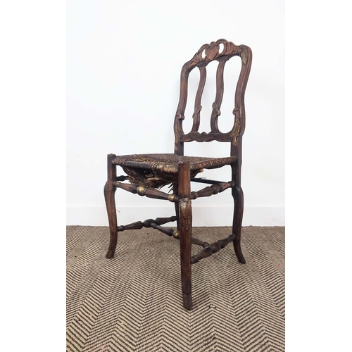 233 - DINING CHAIRS, a set of four, 19th century Italian walnut and gilt heightened, with carved show fram... 