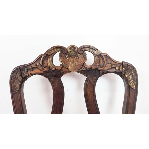 233 - DINING CHAIRS, a set of four, 19th century Italian walnut and gilt heightened, with carved show fram... 