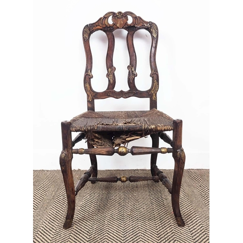 233 - DINING CHAIRS, a set of four, 19th century Italian walnut and gilt heightened, with carved show fram... 