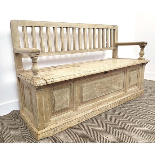 236 - SETTLE, 19th century pine, with a rising seat and storage below, 90cm H x 149cm W x 50 cm D.