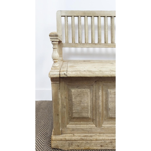 236 - SETTLE, 19th century pine, with a rising seat and storage below, 90cm H x 149cm W x 50 cm D.