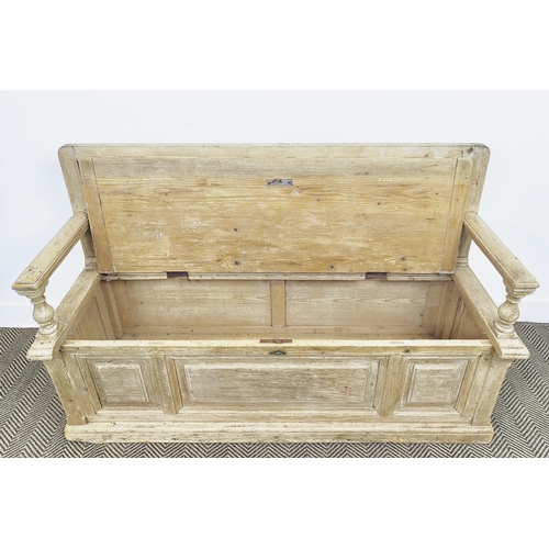 236 - SETTLE, 19th century pine, with a rising seat and storage below, 90cm H x 149cm W x 50 cm D.