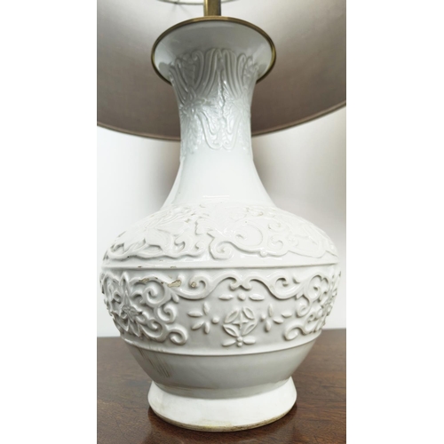 237 - TABLE LAMPS, a pair, celadon with shades, each overall including shades 57cm H. (2)