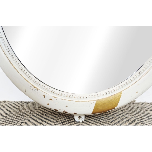 238 - WALL MIRROR, oval, in a distressed grey painted frame with a bevelled plate, 80cm H x 58cm.