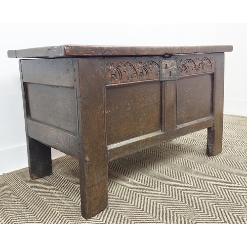 239 - COFFER, 17th century Charles II oak, with a rising lid, and a carved frieze above a panelled front, ... 