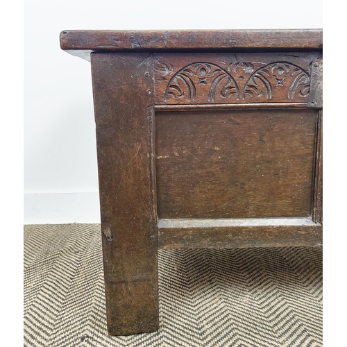 239 - COFFER, 17th century Charles II oak, with a rising lid, and a carved frieze above a panelled front, ... 