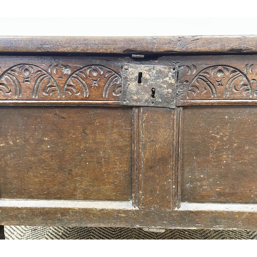 239 - COFFER, 17th century Charles II oak, with a rising lid, and a carved frieze above a panelled front, ... 