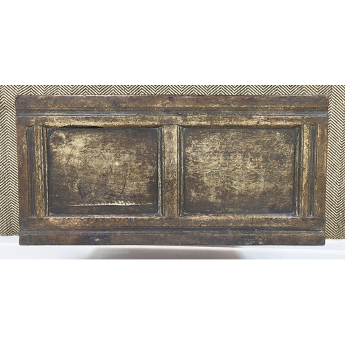 239 - COFFER, 17th century Charles II oak, with a rising lid, and a carved frieze above a panelled front, ... 