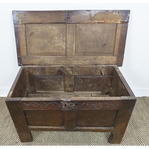 239 - COFFER, 17th century Charles II oak, with a rising lid, and a carved frieze above a panelled front, ... 