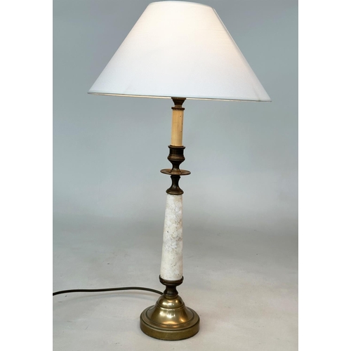 242 - TABLE LAMPS, a pair, gilt metal each with graduated figured marble column, and stepped base (with sh... 