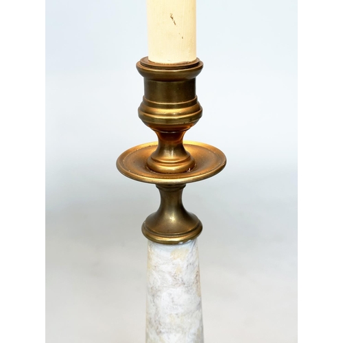 242 - TABLE LAMPS, a pair, gilt metal each with graduated figured marble column, and stepped base (with sh... 