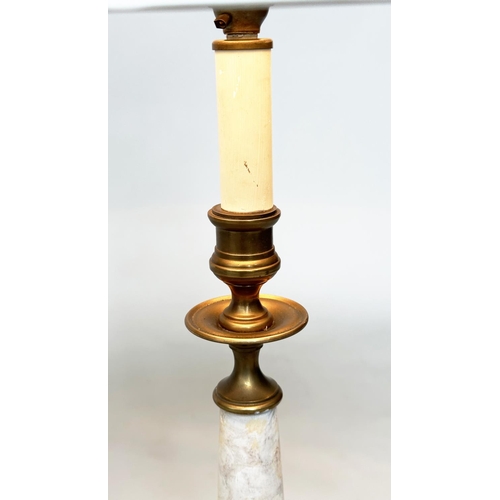 242 - TABLE LAMPS, a pair, gilt metal each with graduated figured marble column, and stepped base (with sh... 