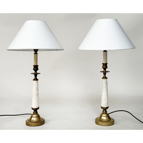 242 - TABLE LAMPS, a pair, gilt metal each with graduated figured marble column, and stepped base (with sh... 