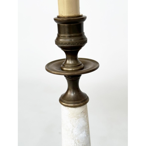 242 - TABLE LAMPS, a pair, gilt metal each with graduated figured marble column, and stepped base (with sh... 