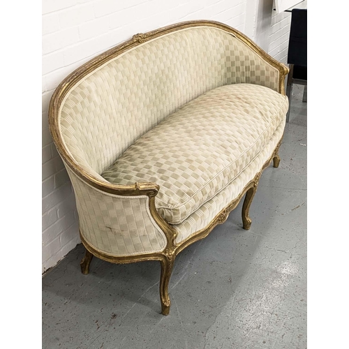 245 - CANAPE, Louis XV style giltwood with patterned green velvet upholstery, 92cm H x 189cm W.