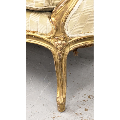 245 - CANAPE, Louis XV style giltwood with patterned green velvet upholstery, 92cm H x 189cm W.