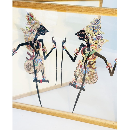 249 - JAVANESE SHADOW PUPPET STYLE CARTOON, hinged and framed, 94cm W x 79cm H.