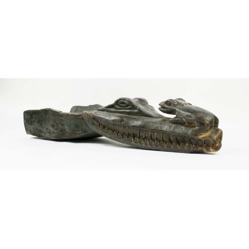 25 - PROW OF DUGOUT CANOE, from Papua New Guinea Sepik River, crocodile and frog carving along with two A... 