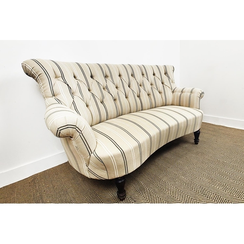 250 - SOFA, 19th century in new striped taupe upholstery, 94cm H x 151cm W x 86cm D.