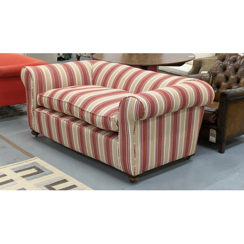 251 - CHESTERFIELD SOFA, early 20th century in terracotta and cream striped upholstery on brass castors, 7... 