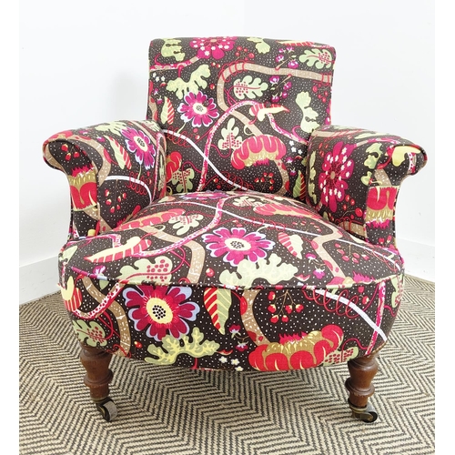 252 - ARMCHAIR, 19th century oak in Svenskt Tenn Barranquilla fabric on castors, 77cm H x 74cm W x 80cm D.