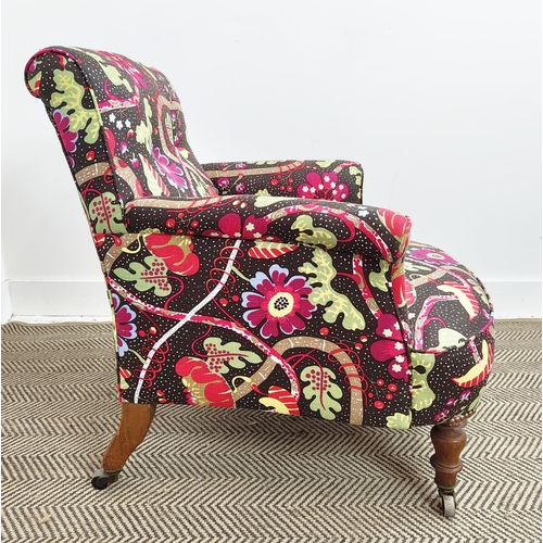 252 - ARMCHAIR, 19th century oak in Svenskt Tenn Barranquilla fabric on castors, 77cm H x 74cm W x 80cm D.