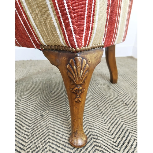 254 - TUB CHAIR, early 20th century walnut in terracotta and cream striped material, 82cm x 75cm W x 72cm ... 