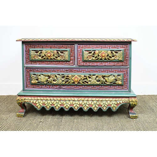 284 - LOW CHEST, Asian, carved elm, polychrome gilt painted of two short and three long drawers, 85cm x 60... 