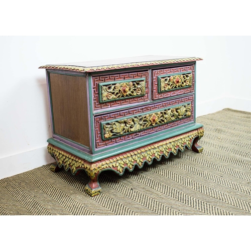 284 - LOW CHEST, Asian, carved elm, polychrome gilt painted of two short and three long drawers, 85cm x 60... 