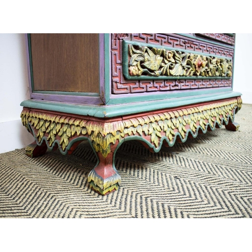 284 - LOW CHEST, Asian, carved elm, polychrome gilt painted of two short and three long drawers, 85cm x 60... 