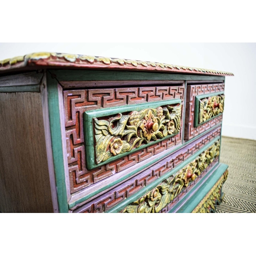 284 - LOW CHEST, Asian, carved elm, polychrome gilt painted of two short and three long drawers, 85cm x 60... 