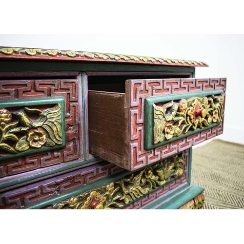 284 - LOW CHEST, Asian, carved elm, polychrome gilt painted of two short and three long drawers, 85cm x 60... 