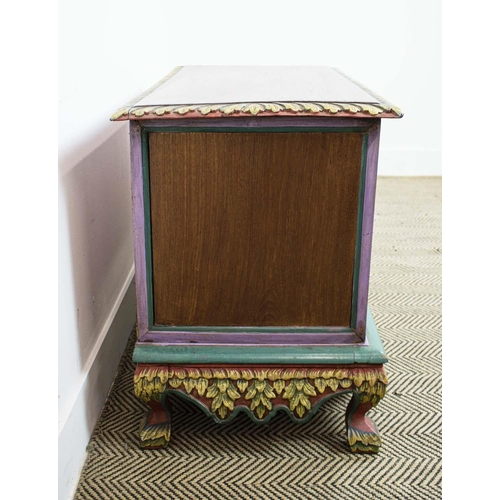 284 - LOW CHEST, Asian, carved elm, polychrome gilt painted of two short and three long drawers, 85cm x 60... 