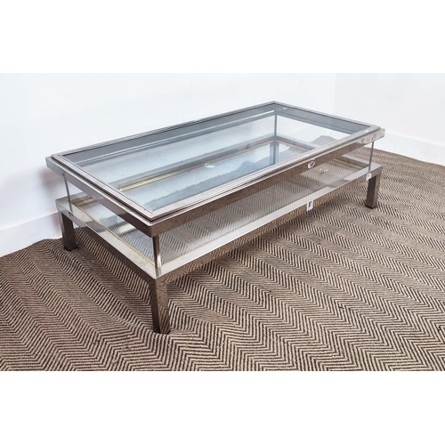 308 - LOW TABLE, 1970's nickel plated rectangular and glazed with sliding top to reveal undertier compartm... 