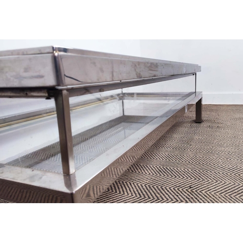 308 - LOW TABLE, 1970's nickel plated rectangular and glazed with sliding top to reveal undertier compartm... 