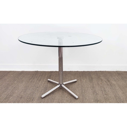 309 - FOLD DOWN DINING TABLE, 100cm diam., glass on polished metal base, quadraform feet.