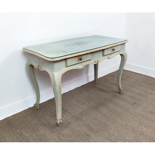 311 - WRITING TABLE, painted with two drawers, later glass top, 115cm x 61cm 76.5cm approx.