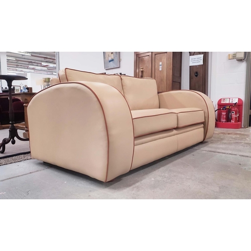 312 - NEWMAN & BRIGHT GATSBY ART DECO STYLE SOFA, with light brown leather upholstery and red piping, 90cm... 