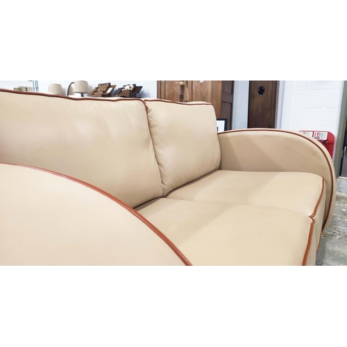 312 - NEWMAN & BRIGHT GATSBY ART DECO STYLE SOFA, with light brown leather upholstery and red piping, 90cm... 