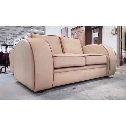 313 - NEWMAN & BRIGHT GATSBY ART DECO STYLE SOFA, with light brown leather upholstery and red piping, 90cm... 