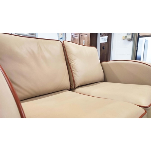 313 - NEWMAN & BRIGHT GATSBY ART DECO STYLE SOFA, with light brown leather upholstery and red piping, 90cm... 