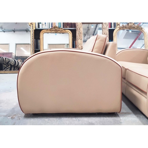 313 - NEWMAN & BRIGHT GATSBY ART DECO STYLE SOFA, with light brown leather upholstery and red piping, 90cm... 