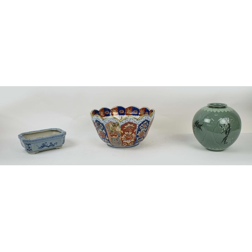 32 - IMARI BOWL, along with a cloisonne vase, two jardinieres, a pair of bowls, an ovoid vase. (8) (Qty)