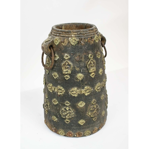 33 - CHINESE SANCAI GLAZE VASE, with two earthenware monochrome glazed pots and a carved wood Nepalese co... 